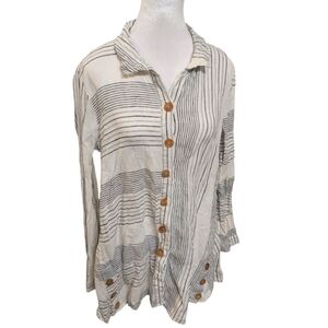 John Mark Contrast striped long sleeve button up blouse 100% linen button cuff M